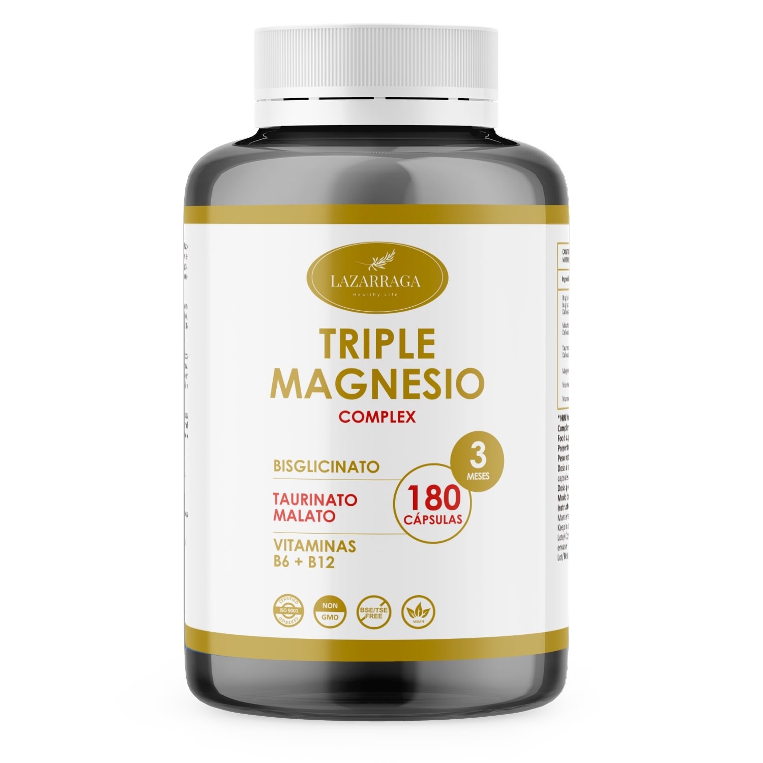 Lazarraga Triple Magnesio Complex | Bisglicinato + Taurinato + Malato + B6 Y B12 | 180 Cápsulas