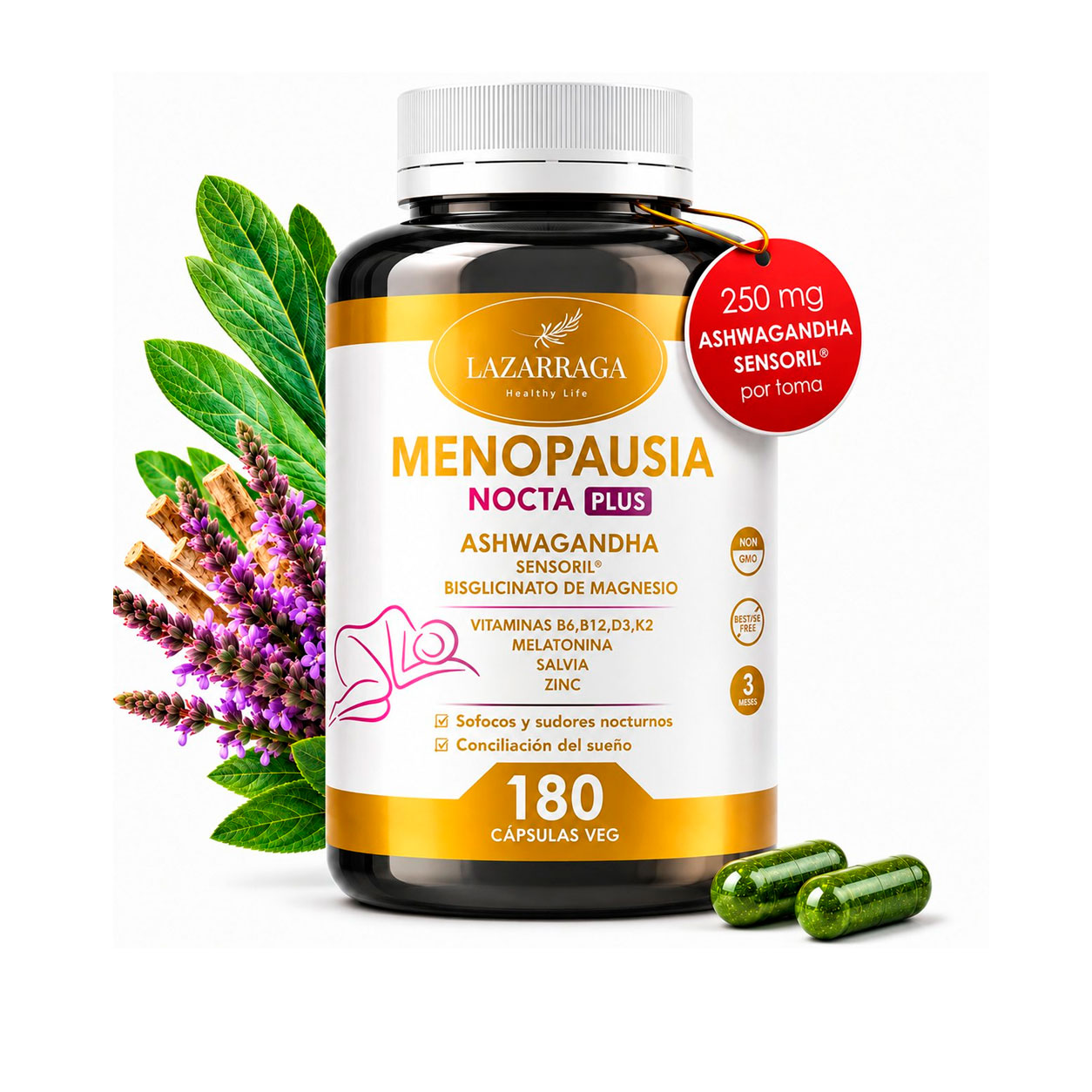 Lazarraga Menopausia Nocta Plus - Sofocos y Sudores Nocturnos Mujer– 180 cápsulas